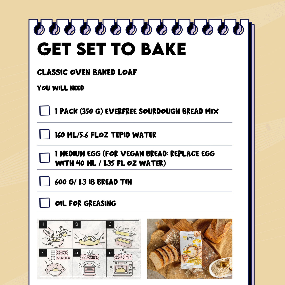 EverFree gluten free bread mix 450g pack of 3, ready for baking, with ingredients and baking instructions on the package.