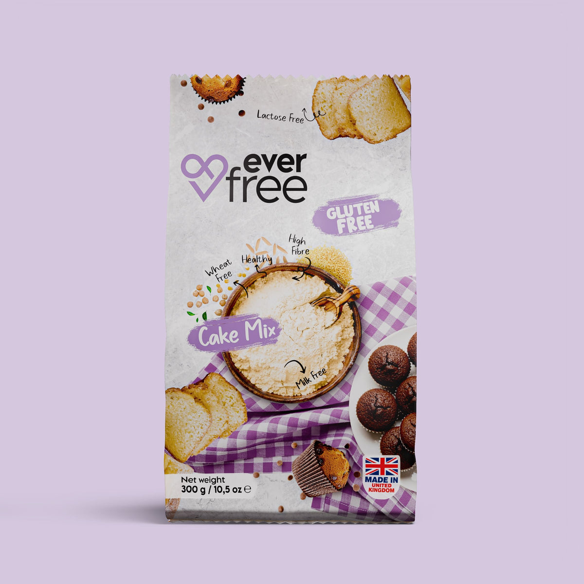 EverFree gluten-free cake mix 350g pack of 3, showing colorful packaging with baking instructions and product branding.