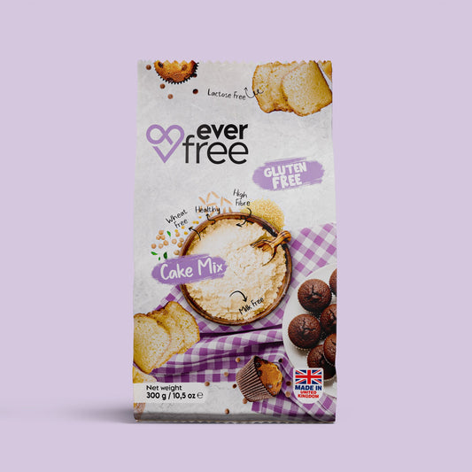 EverFree gluten-free cake mix 350g pack of 3, showing colorful packaging with baking instructions and product branding.