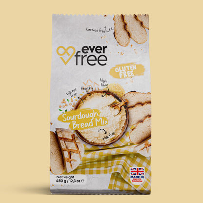 EverFree gluten-free sourdough bread mix in a 450g pack, showing the packaging with baked bread ready to serve.