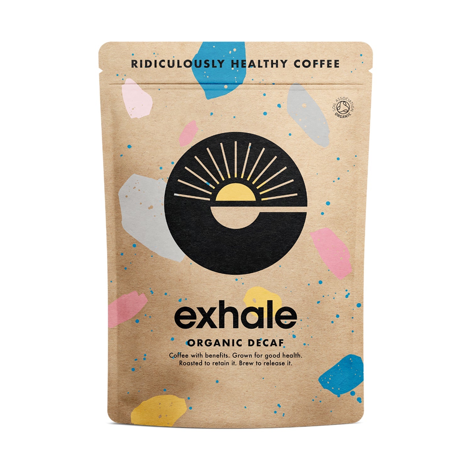 Organic decaf coffee by Exhale Healthy Coffee, shown in a white background, highlighting a fresh, brewed coffee cup with beans