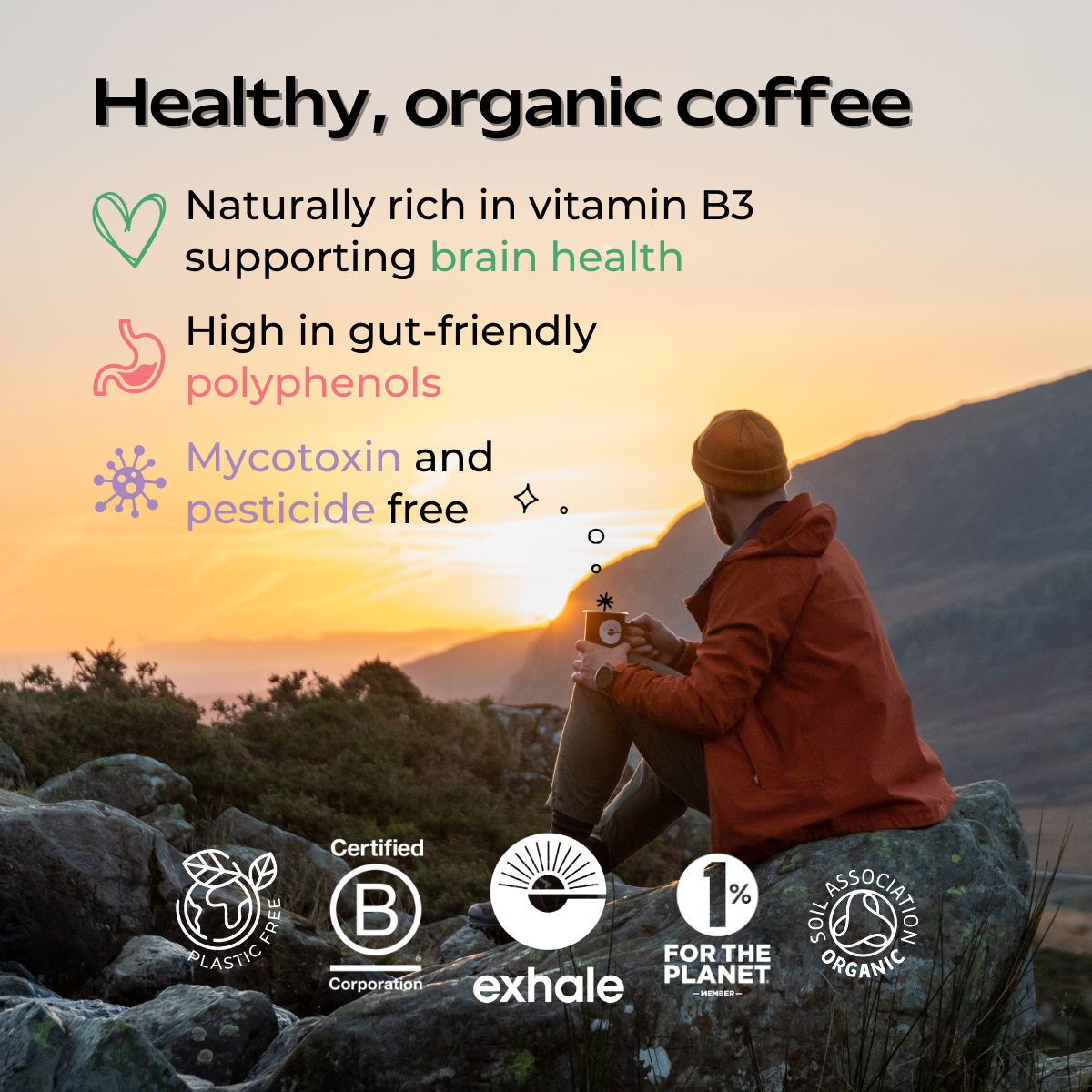 Organic house roast coffee by Exhale Healthy Coffee in a bag, showcasing the coffee beans and packaging design.