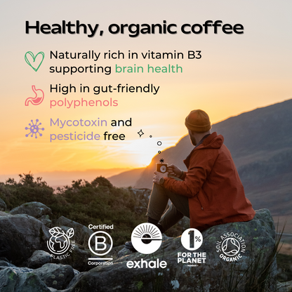 Organic house roast coffee by Exhale Healthy Coffee in a bag, showcasing the coffee beans and packaging design.