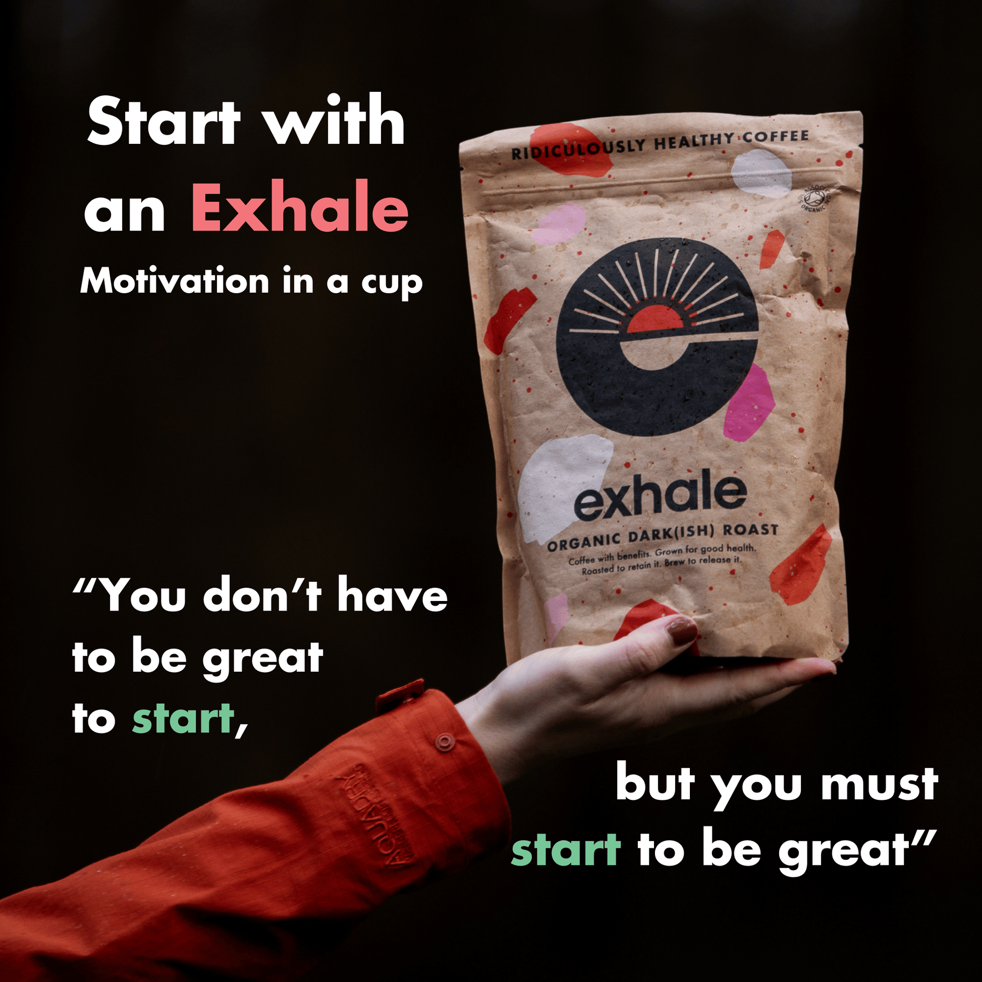 Organic dark roast coffee by Exhale Healthy Coffee, showing a bag of rich, dark-brown coffee beans and packaging.
