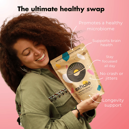 Organic dark roast coffee by Exhale Healthy Coffee, rich and aromatic coffee beans in a natural setting.