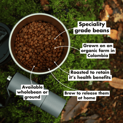 Organic dark roast coffee by Exhale Healthy Coffee, brewed in a mug, showcasing rich, dark coffee with a smooth finish.