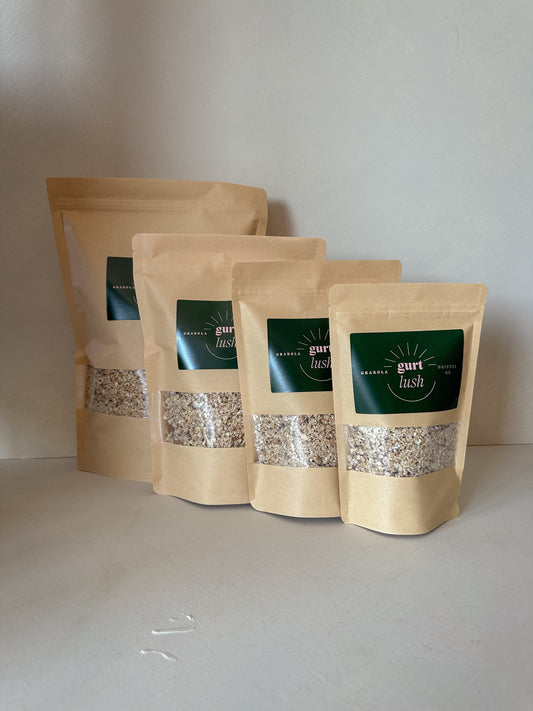 Honey and vanilla granola from Gurt Lush Food Co, showing a bowl of crunchy granola with honey and vanilla flavoring.
