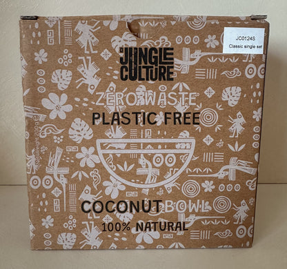 Jungle Culture coconut bowl with matching spoon from Gurt Lush Food Co, natural coconut shell with wood spoon for serving food