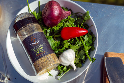 FireFly Barbecue Florida Cuban Mojo BBQ Rub jar with label, showcasing the flavorful spice blend for grilling and grilling.