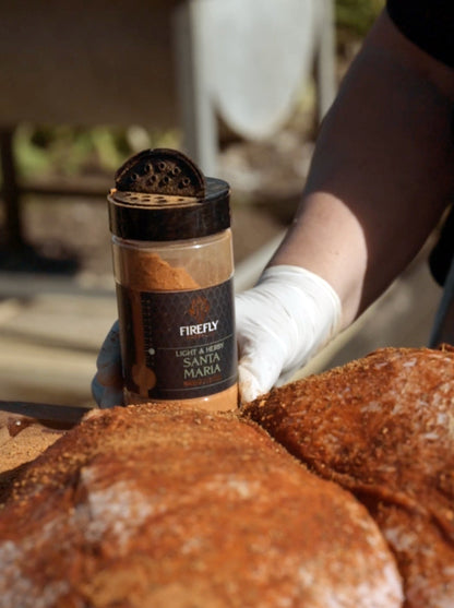 FireFly Barbecue Santa Maria Seasoning Rub on a jar, ideal for BBQ and turkey seasoning, with a close-up view of the label.