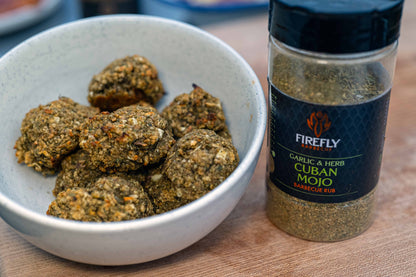 FireFly Barbecue BBQ Legend 3 Herby BBQ Rubs Gift Pack with Cuban Mojo seasoning in a colorful bundle.