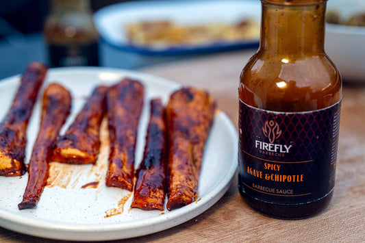 FireFly Barbecue hot agave nectar sauce drizzled over roasted parsnips, showcasing spicy agave flavor in a BBQ sauce.