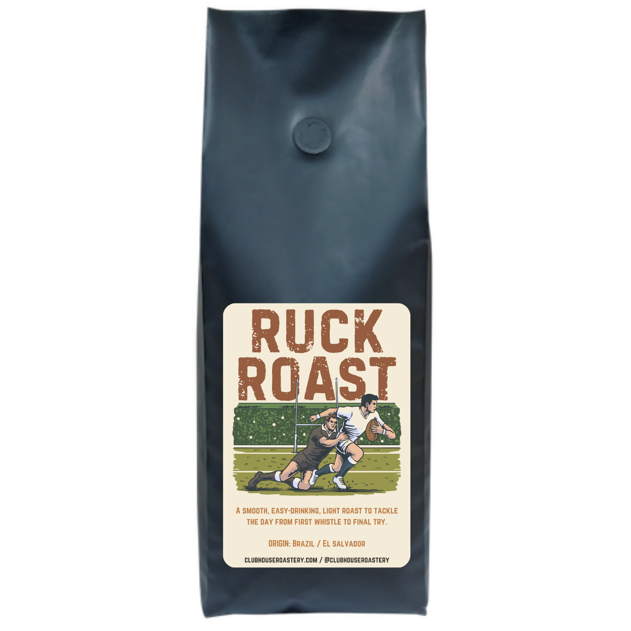 Bag of Clubhouse Roastery Ruck Roast coffee 500g, featuring a label with coffee branding and packaging design.