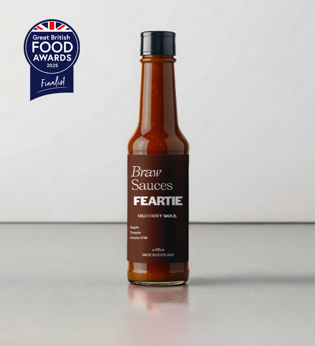 Braw Sauces Feartie Hot Sauce bottle with vibrant label, showcasing fiery red sauce and spicy flavor profile.