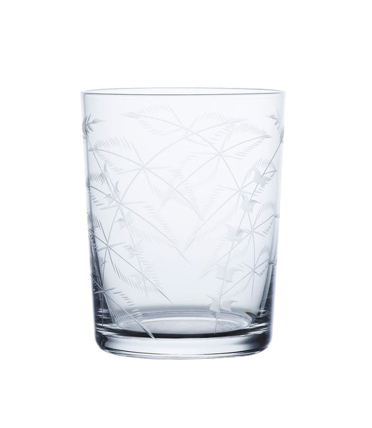 Set of four large crystal tumblers with elegant fern design by The Vintage List, showcasing clear glass and detailed fern etching.