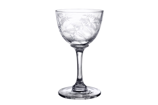 Crystal liqueur glasses with fern design by The Vintage List, showcasing elegant glassware for spirits and liqueurs.