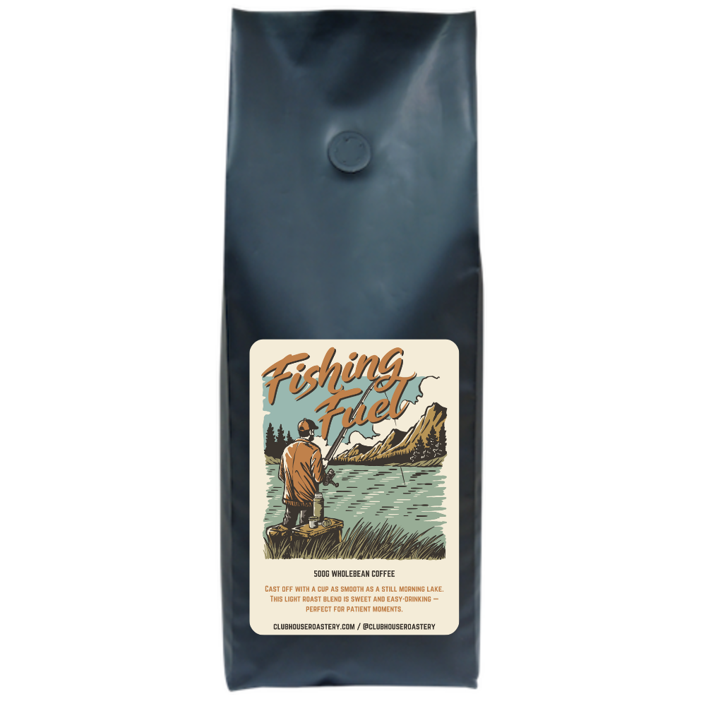 Bag of 500g Clubhouse Roastery Fishing Fuel Coffee, fresh roasted coffee for anglers, with a vibrant fish design on the packaging.