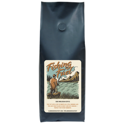 Bag of 500g Clubhouse Roastery Fishing Fuel Coffee, fresh roasted coffee for anglers, with a vibrant fish design on the packaging.