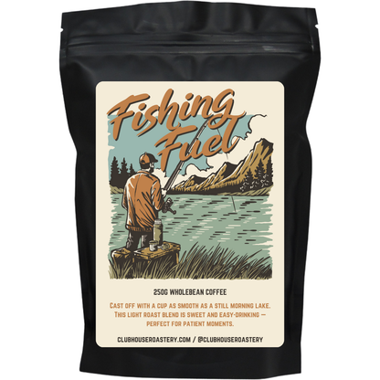 Bag of Clubhouse Roastery Fishing Fuel Coffee with label, ready for brewing and energizing fishing trips.