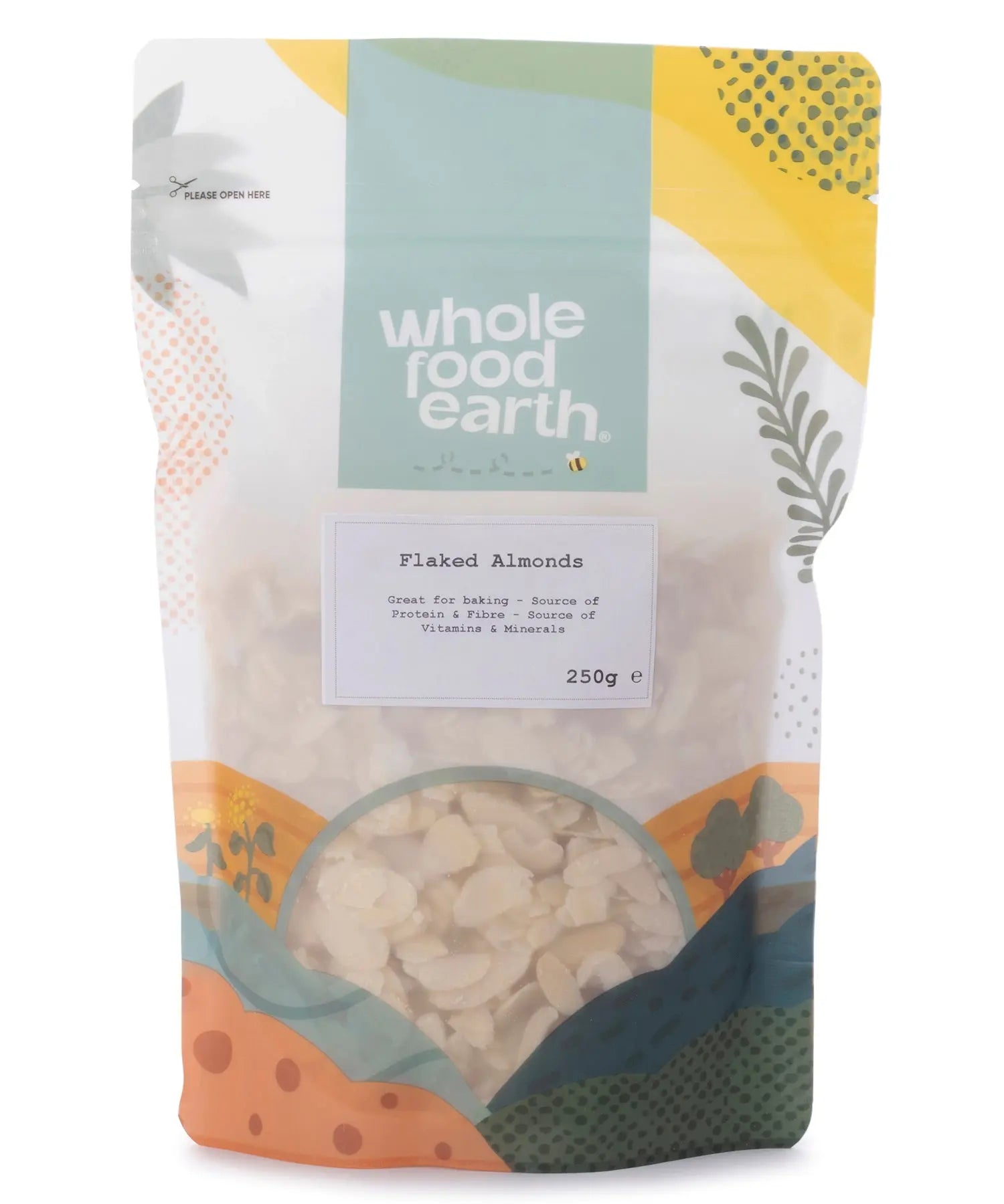Whole Food Earth flaked almonds in a 250g package, showing light, thinly sliced almonds ideal for baking and snacking.