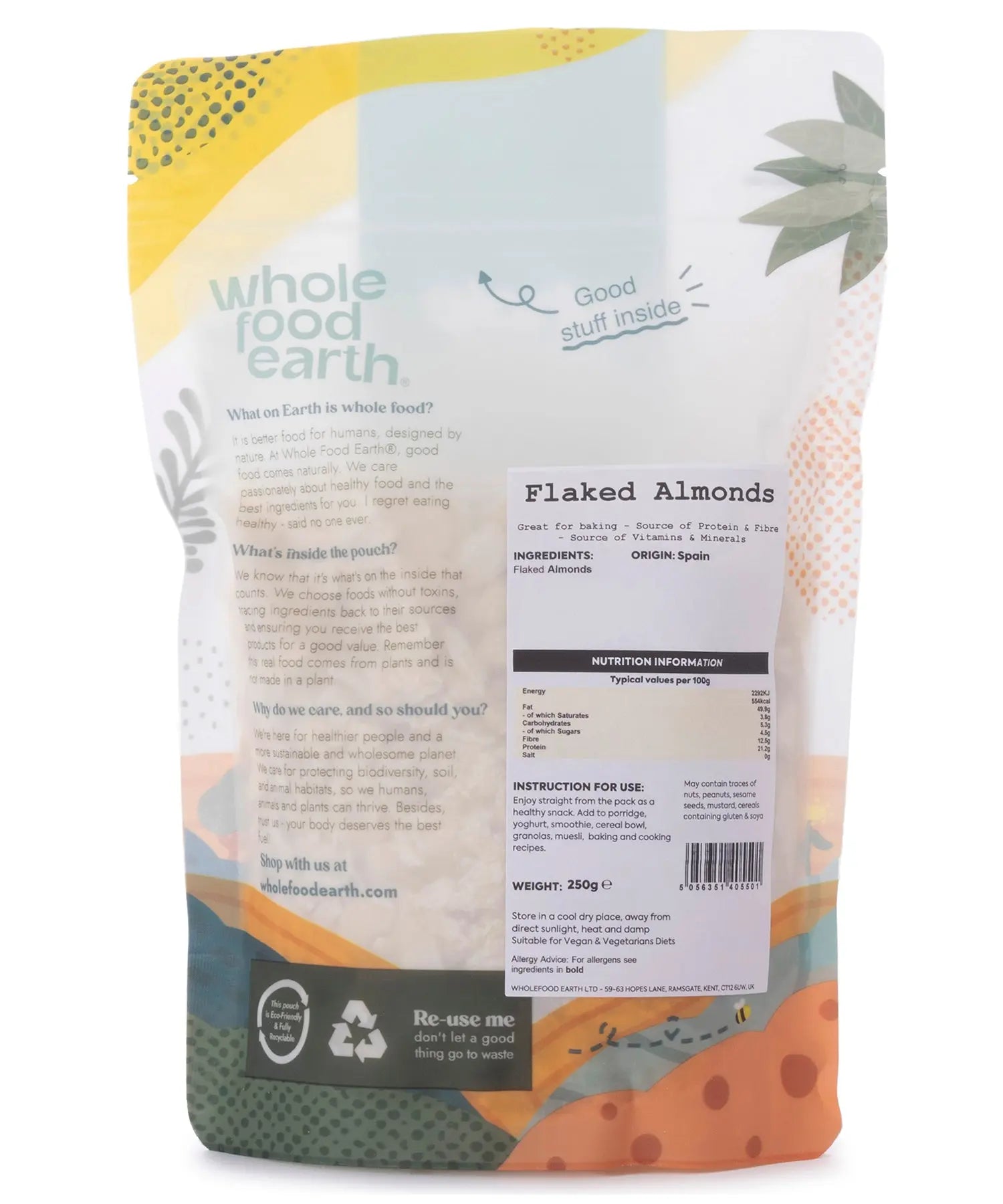 Bag of Whole Food Earth flaked almonds, a type of nuts and seeds, showing golden sliced almonds in a resealable package.