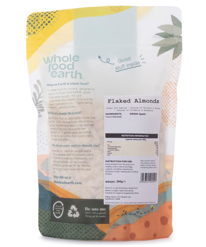 Whole Food Earth flaked almonds, crunchy sliced almonds in a 250g package, ideal for baking and snacking.