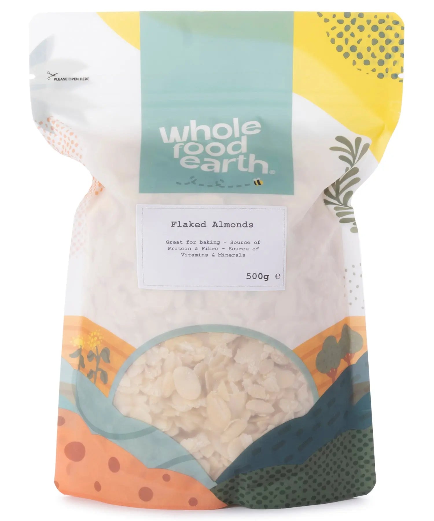 Whole Food Earth flaked almonds in a 500g bag, showcasing crunchy, sliced almonds perfect for baking or snacking.