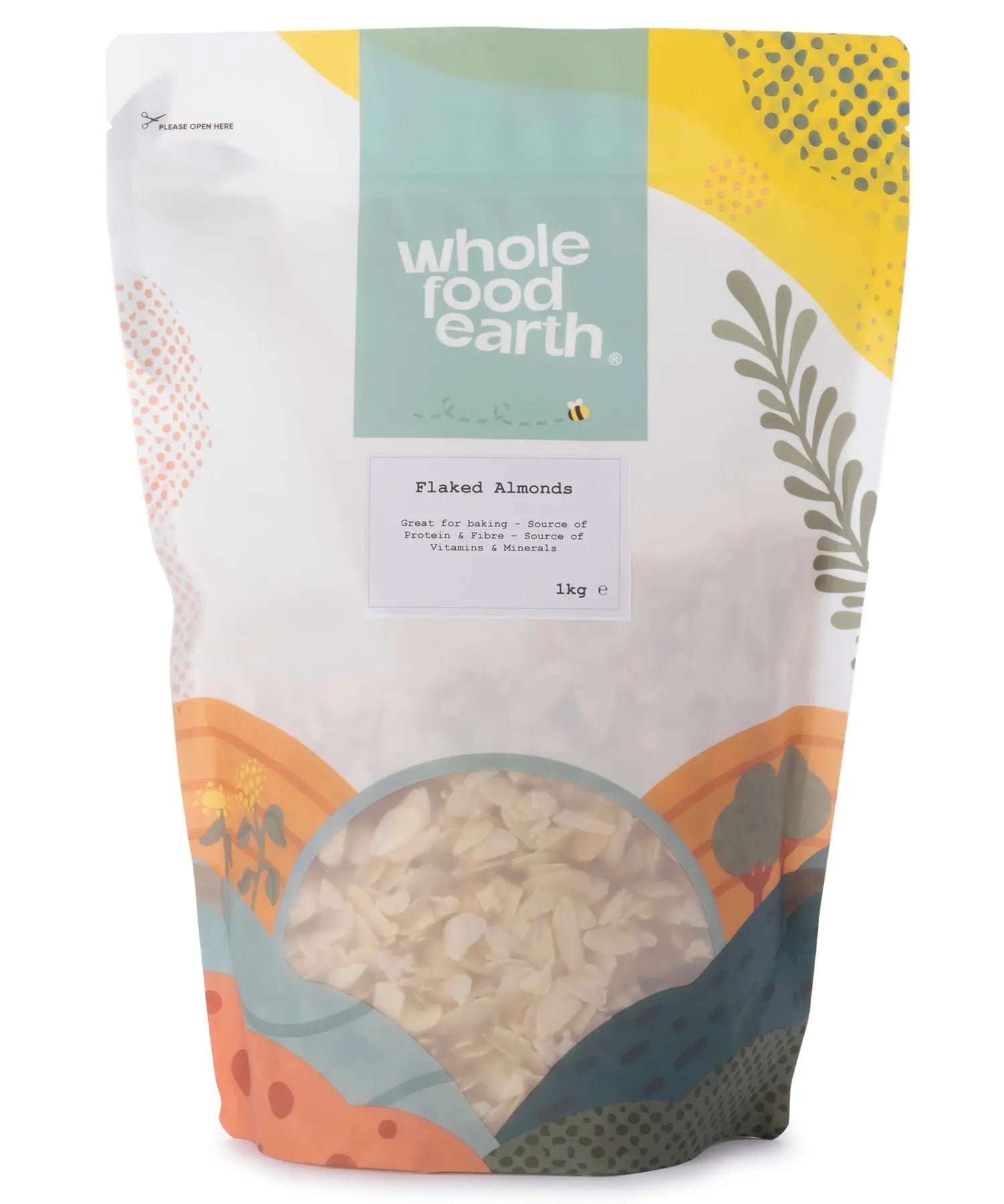 Whole Food Earth flaked almonds in a 1kg bag, showing golden, sliced almonds ideal for baking and snacking.