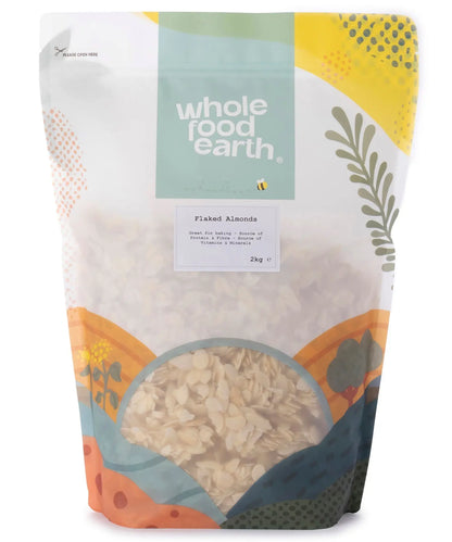 Whole Food Earth flaked almonds, crunchy sliced almonds for baking and snacking, in a 2kg package.