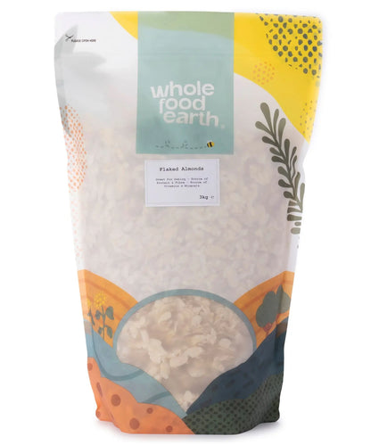 Whole Food Earth flaked almonds in a 3kg bag, showing golden, sliced almonds ideal for baking or snacking.