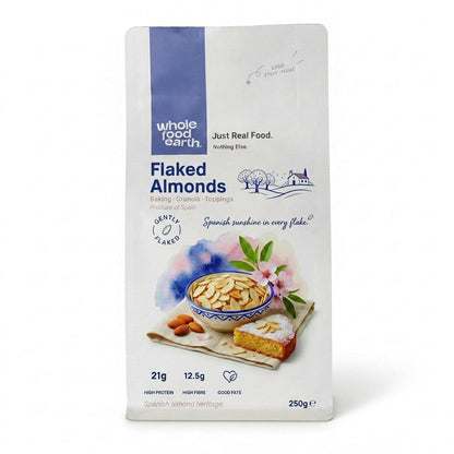 Whole Food Earth flaked almonds in a 200g pouch, showing golden, sliced almonds ideal for snacking or baking.