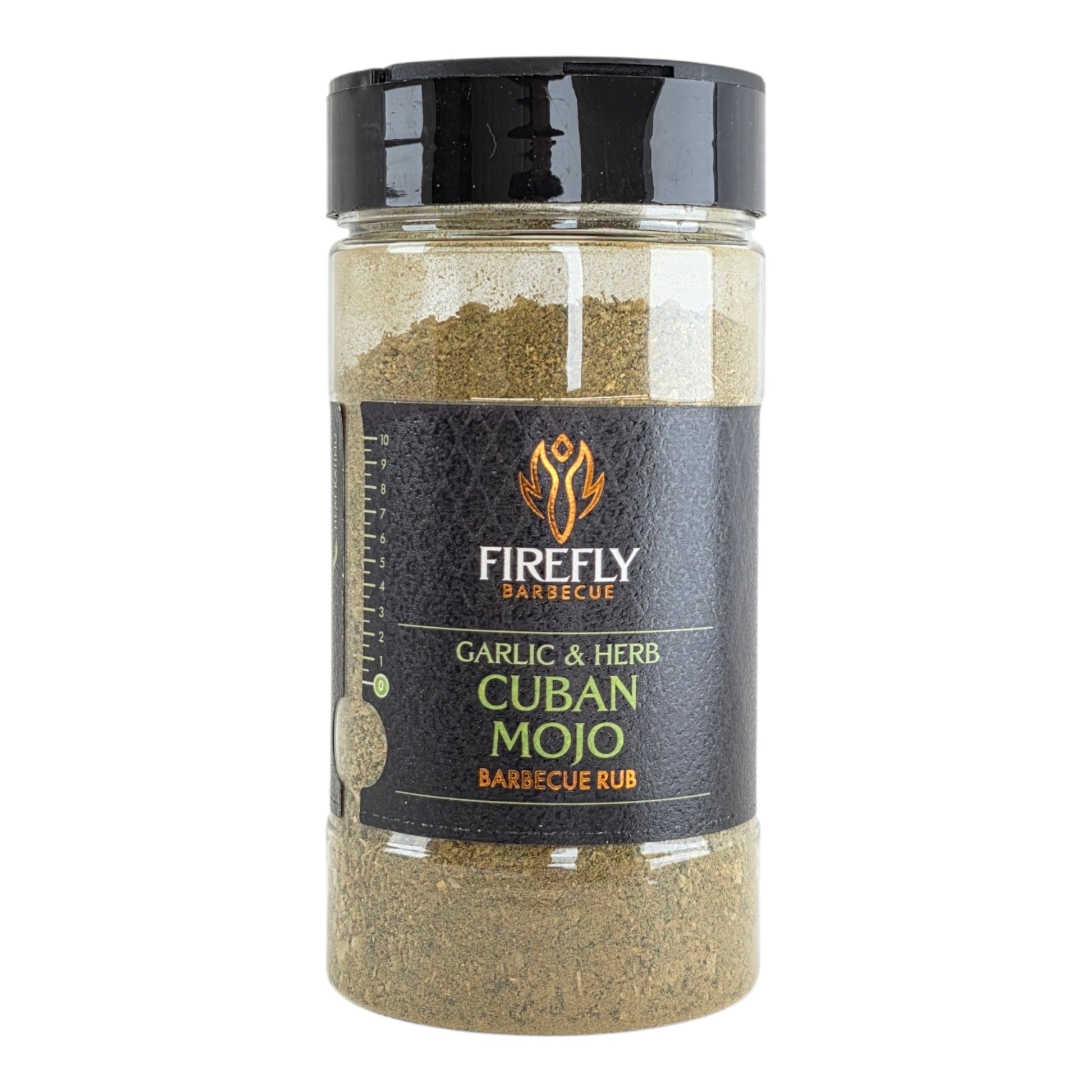 FireFly Barbecue Florida Cuban Mojo BBQ Rub jar with label and seasoning inside, showcasing vibrant citrus and spice blend.