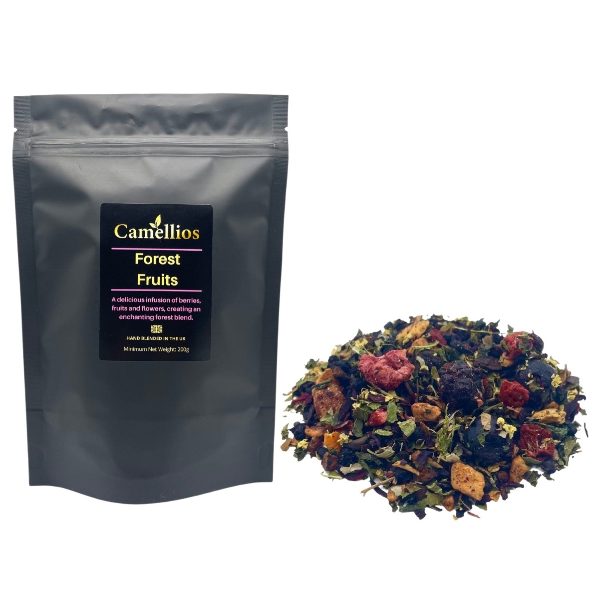 Loose leaf Forest Fruits tea by Camellios, showing a colorful mix of dried berries and fruit pieces in the blend.