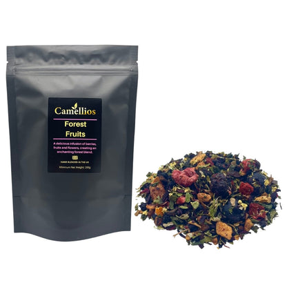 Loose leaf Forest Fruits tea by Camellios, showing a colorful mix of dried berries and fruit pieces in the blend.