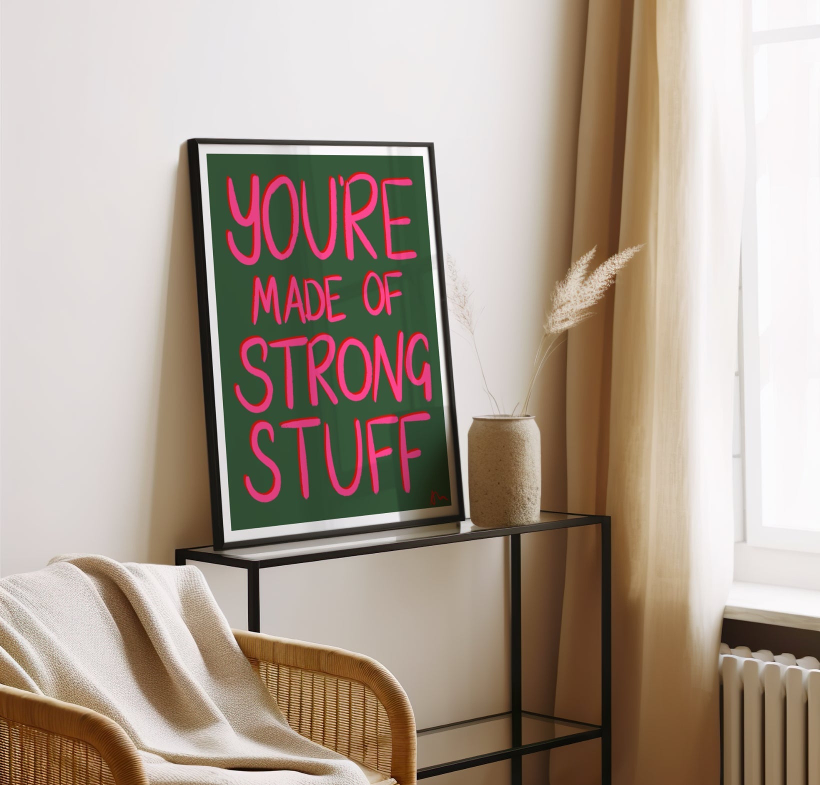 Inspirational green and pink poster featuring the quote "You’re Made of Strong Stuff" by Peak Prints, with vibrant, positive design.