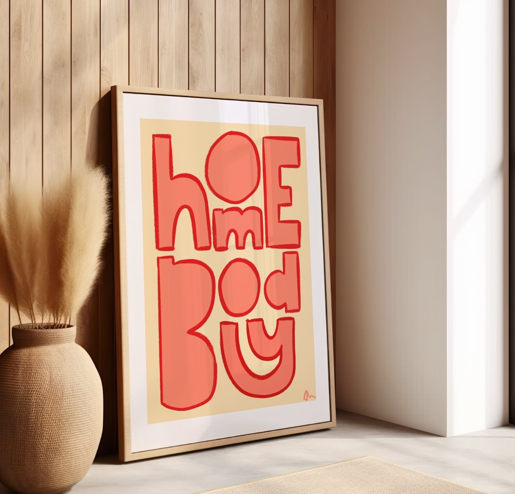 Orange typographic wall art print from Peak Prints featuring the phrase "Homebody" for relatable living room decor.