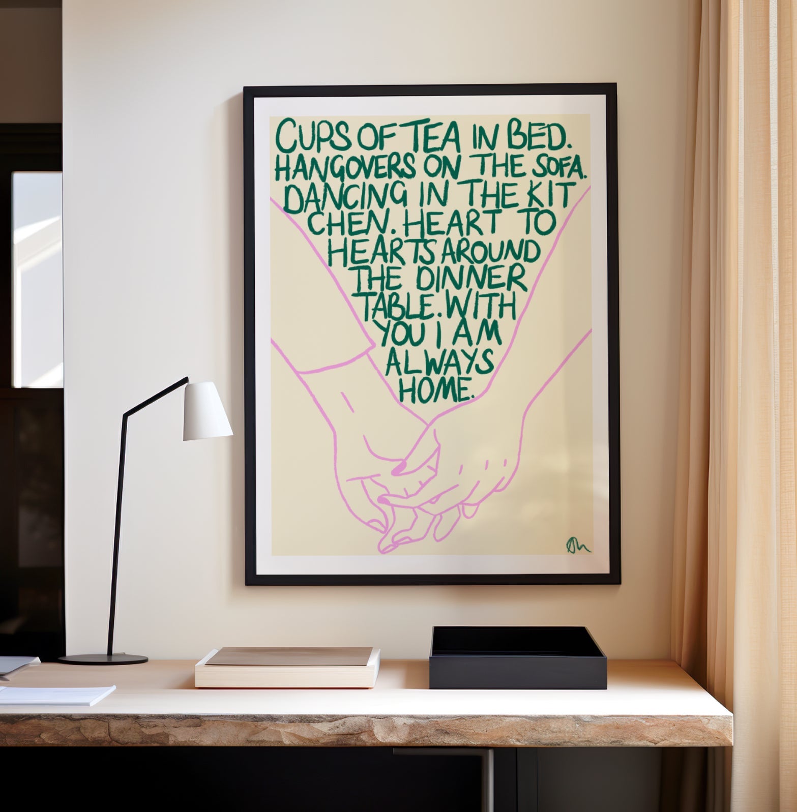 Hand-drawn green and lilac cups of tea on a living room bedroom print by Peak Prints, showcasing bold food and drink artwork.