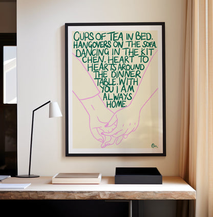 Hand-drawn green and lilac cups of tea on a living room bedroom print by Peak Prints, showcasing bold food and drink artwork.