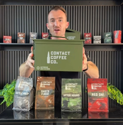 Full image of Contact Coffee Company Ltd. coffee resupply deal, showing bags of freshly roasted coffee beans on a wooden table.