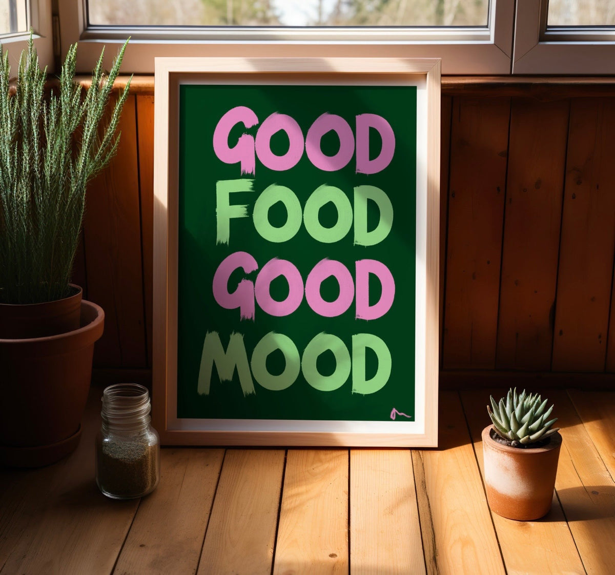 Pink and green maximalist typographic kitchen print featuring "Good Food Good Mood" by Peak Prints, vibrant and bold wall art for kitchens.
