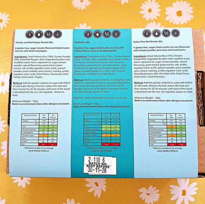 Gluten Free and Vegan Risotto Collection 3 packs, 6 meals, one box, just add water. Crafty Cook easy fuss free meals