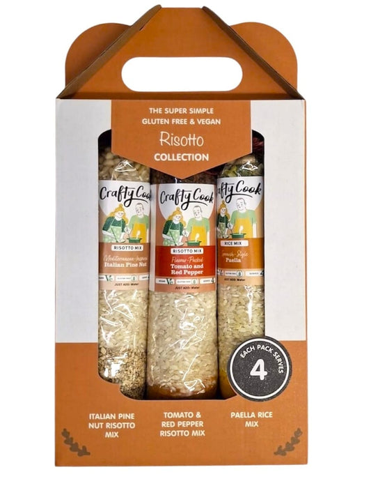 Crafty Cook Super Simple GF/V Risotto Collection Box with assorted gluten-free and vegan risotto packages displayed.