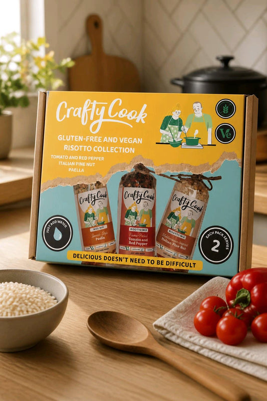 Three gluten-free, vegan risotto meals from Crafty Cook in a collection, featuring creamy rice dishes with fresh ingredients.