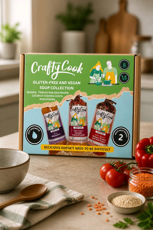 Assorted gluten-free and vegan soup collection by Crafty Cook, featuring three packs of six meals in colorful bowls.