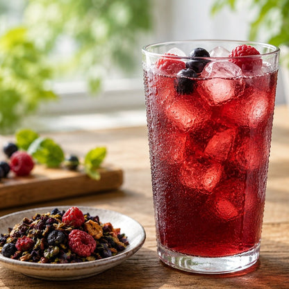 Loose leaf Forest Fruits tea from Camellios featuring vibrant dried fruit and herbal blend in a natural presentation.