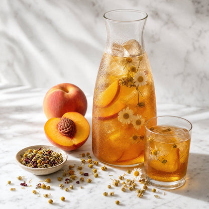 Loose leaf Peachy Chamomile tea from Camellios, featuring golden chamomile flowers and peachy-colored tea leaves.