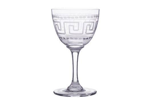 Crystal liqueur glasses with Greek key design by The Vintage List, showcasing elegant, clear glassware for serving liqueurs.