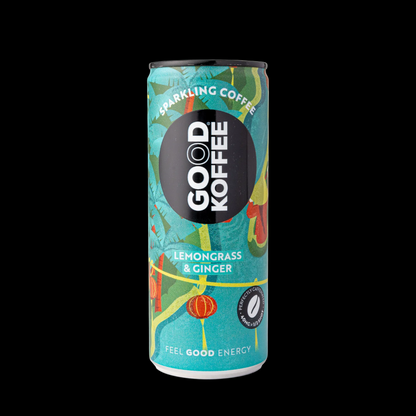 Canned sparkling coffee with lemongrass and ginger flavor from GOOD KOFFEE, featuring a vibrant label design.