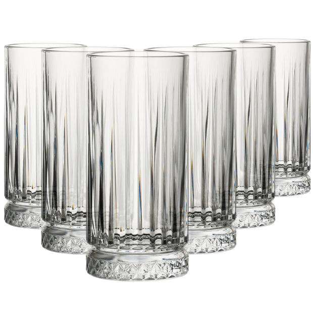 Set of six Glassware UK Elysia long drink whisky tumblers, 280ml, clear glass with a sleek design for stylish beverages.