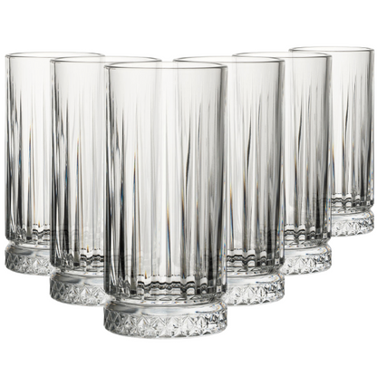 Set of six Glassware UK Elysia long drink whisky tumblers, 280ml, clear glass with a sleek design for stylish beverages.
